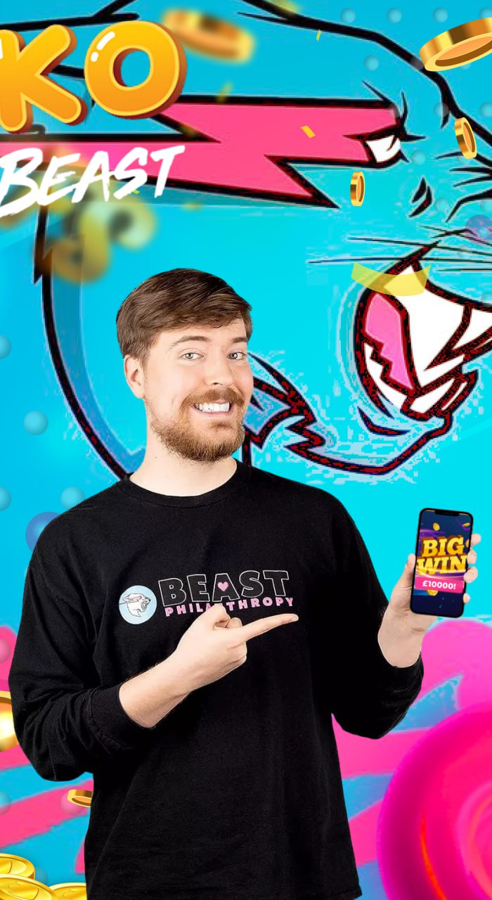 MrBeast holding a phone displaying the MrBeast Plinko app with 'Big Win' on the screen, surrounded by colorful graphics and gold coins.